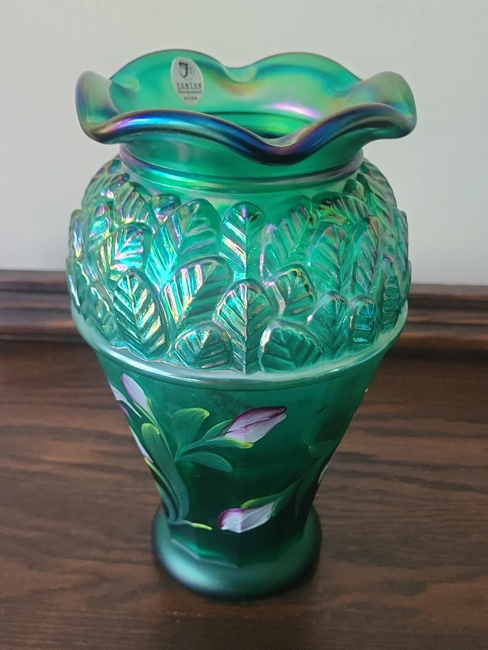 Fenton Green Iridescent Handpainted Vintage Glass Vase